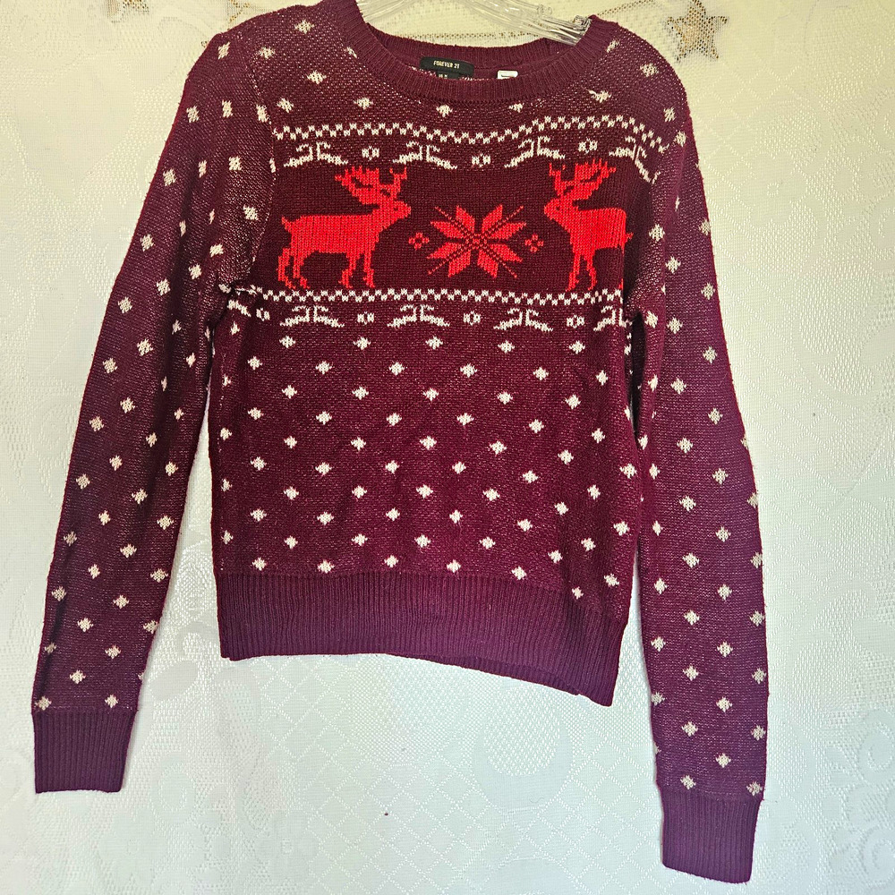 Forever 21 Medium Burgundy Fair Isle Nordic Reindeer Sweater Festive Cottage